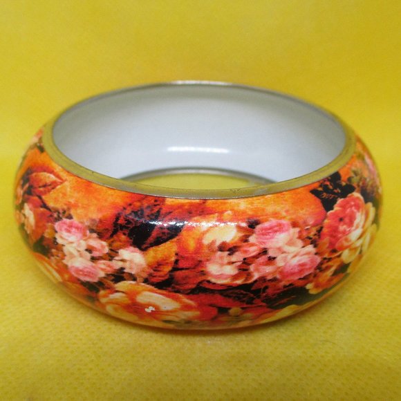 WIDE ENAMEL Cuff Bracelet Floral Enamel Bangle Cuff Bracelet Enamel SilverTone - Picture 8 of 9
